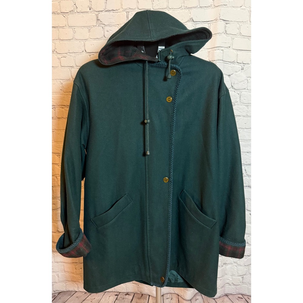 Vintage Herman Kay Forest Green Wool Blend Hooded Coat Plaid Trim Size 14